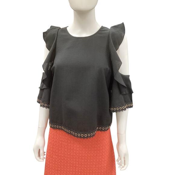 NWOT Misa Los Angeles Top Women’s Size XS Linen Blend Lace & Grommet Trim Black - Picture 1 of 5